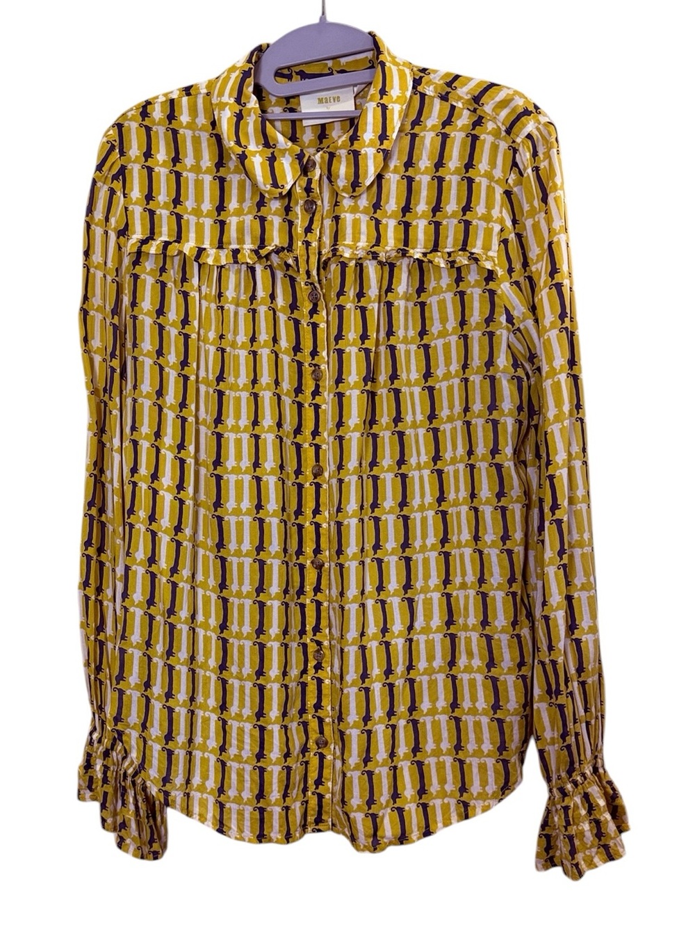 Maeve Women’s Fredrika Whimsical Campy Weiner Dog Geometric Artsy Blouse Sz 14